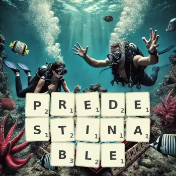 Creative illustration for a Scrabble game with the word PREDESTINABLE spelled out in tiles on the board.