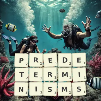 Creative illustration for a Scrabble game with the word PREDETERMINISMS spelled out in tiles on the board.