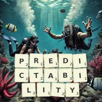 Creative illustration for a Scrabble game with the word PREDICTABILITY spelled out in tiles on the board.