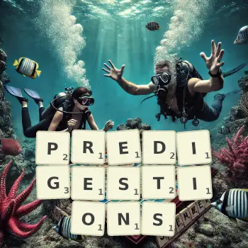 Creative illustration for a Scrabble game with the word PREDIGESTIONS spelled out in tiles on the board.