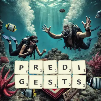 Creative illustration for a Scrabble game with the word PREDIGESTS spelled out in tiles on the board.