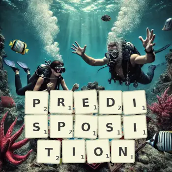 Creative illustration for a Scrabble game with the word PREDISPOSITION spelled out in tiles on the board.