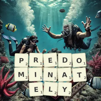 Creative illustration for a Scrabble game with the word PREDOMINATELY spelled out in tiles on the board.