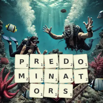Creative illustration for a Scrabble game with the word PREDOMINATORS spelled out in tiles on the board.