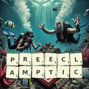 Creative illustration for a Scrabble game with the word PREECLAMPTIC spelled out in tiles on the board.