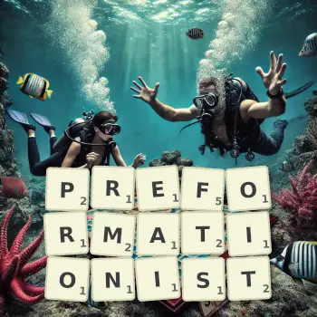 Creative illustration for a Scrabble game with the word PREFORMATIONIST spelled out in tiles on the board.