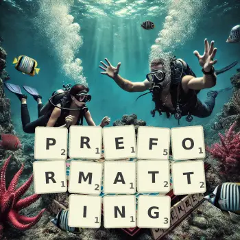 Creative illustration for a Scrabble game with the word PREFORMATTING spelled out in tiles on the board.