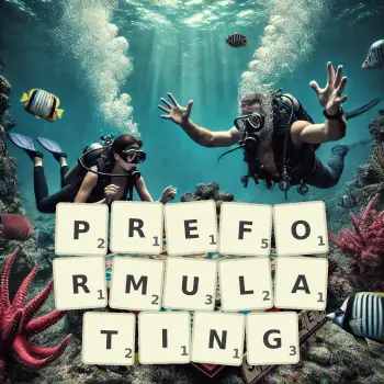 Creative illustration for a Scrabble game with the word PREFORMULATING spelled out in tiles on the board.