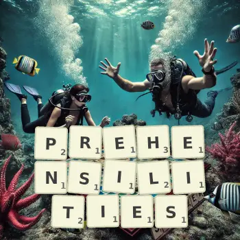 Creative illustration for a Scrabble game with the word PREHENSILITIES spelled out in tiles on the board.