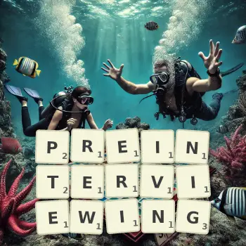 Creative illustration for a Scrabble game with the word PREINTERVIEWING spelled out in tiles on the board.