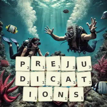 Creative illustration for a Scrabble game with the word PREJUDICATIONS spelled out in tiles on the board.