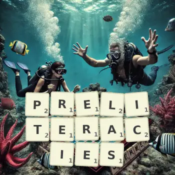 Creative illustration for a Scrabble game with the word PRELITERACIES spelled out in tiles on the board.