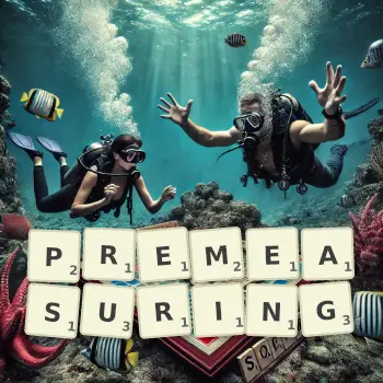 Creative illustration for a Scrabble game with the word PREMEASURING spelled out in tiles on the board.