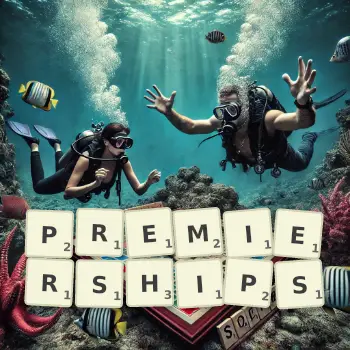 Creative illustration for a Scrabble game with the word PREMIERSHIPS spelled out in tiles on the board.