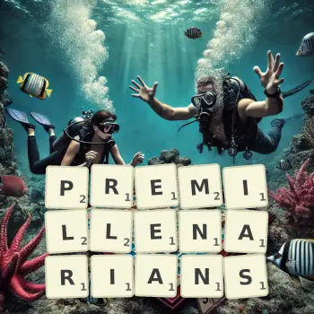 Creative illustration for a Scrabble game with the word PREMILLENARIANS spelled out in tiles on the board.