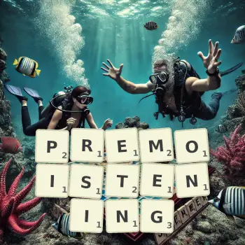 Creative illustration for a Scrabble game with the word PREMOISTENING spelled out in tiles on the board.