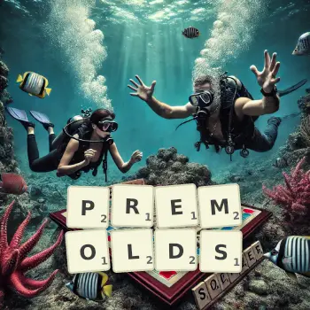 Creative illustration for a Scrabble game with the word PREMOLDS spelled out in tiles on the board.