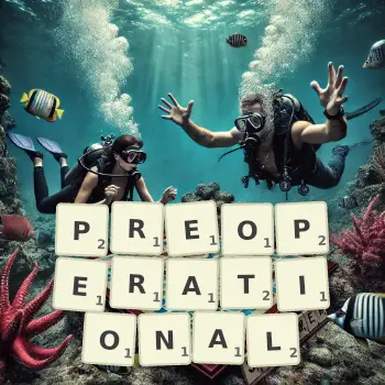 Creative illustration for a Scrabble game with the word PREOPERATIONAL spelled out in tiles on the board.