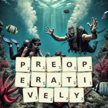 Creative illustration for a Scrabble game with the word PREOPERATIVELY spelled out in tiles on the board.
