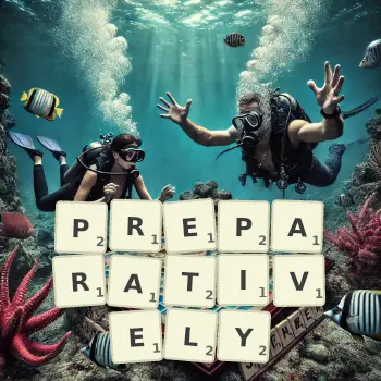 Creative illustration for a Scrabble game with the word PREPARATIVELY spelled out in tiles on the board.