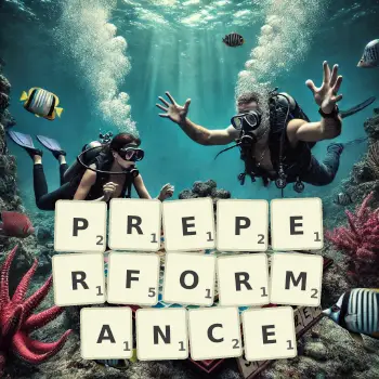 Creative illustration for a Scrabble game with the word PREPERFORMANCE spelled out in tiles on the board.