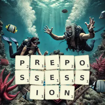 Creative illustration for a Scrabble game with the word PREPOSSESSION spelled out in tiles on the board.