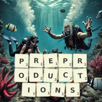 Creative illustration for a Scrabble game with the word PREPRODUCTIONS spelled out in tiles on the board.