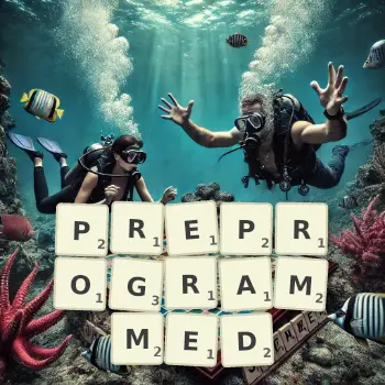 Creative illustration for a Scrabble game with the word PREPROGRAMMED spelled out in tiles on the board.