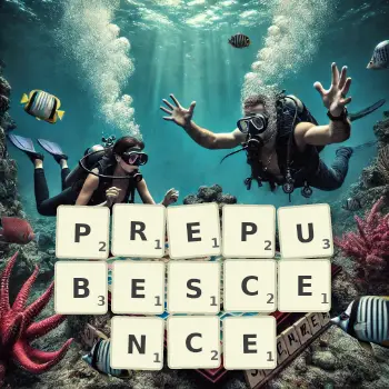 Creative illustration for a Scrabble game with the word PREPUBESCENCE spelled out in tiles on the board.