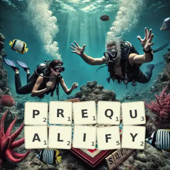 Creative illustration for a Scrabble game with the word PREQUALIFY spelled out in tiles on the board.
