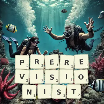 Creative illustration for a Scrabble game with the word PREREVISIONIST spelled out in tiles on the board.