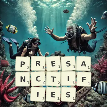 Creative illustration for a Scrabble game with the word PRESANCTIFIES spelled out in tiles on the board.
