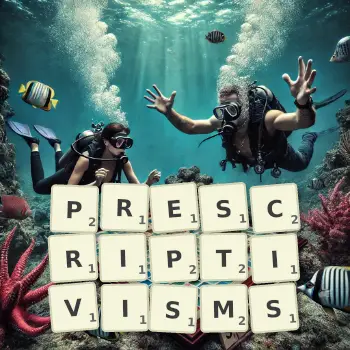 Creative illustration for a Scrabble game with the word PRESCRIPTIVISMS spelled out in tiles on the board.