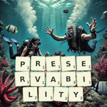 Creative illustration for a Scrabble game with the word PRESERVABILITY spelled out in tiles on the board.