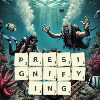 Creative illustration for a Scrabble game with the word PRESIGNIFYING spelled out in tiles on the board.