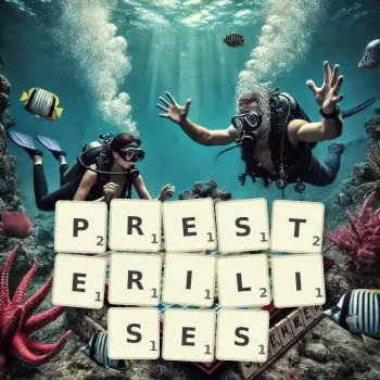 Creative illustration for a Scrabble game with the word PRESTERILISES spelled out in tiles on the board.