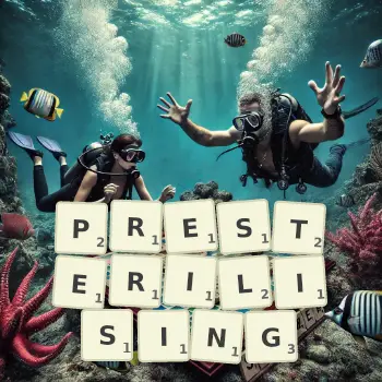 Creative illustration for a Scrabble game with the word PRESTERILISING spelled out in tiles on the board.