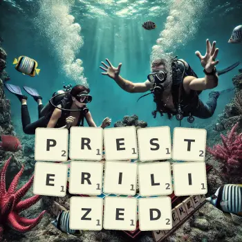 Creative illustration for a Scrabble game with the word PRESTERILIZED spelled out in tiles on the board.