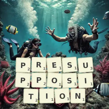 Creative illustration for a Scrabble game with the word PRESUPPOSITION spelled out in tiles on the board.