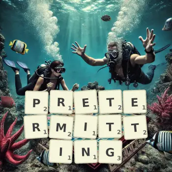 Creative illustration for a Scrabble game with the word PRETERMITTING spelled out in tiles on the board.