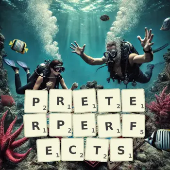 Creative illustration for a Scrabble game with the word PRETERPERFECTS spelled out in tiles on the board.