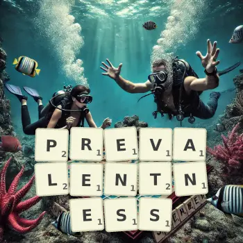 Creative illustration for a Scrabble game with the word PREVALENTNESS spelled out in tiles on the board.