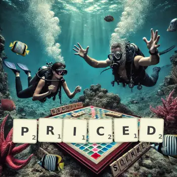 Creative illustration for a Scrabble game with the word PRICED spelled out in tiles on the board.