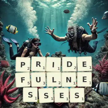 Creative illustration for a Scrabble game with the word PRIDEFULNESSES spelled out in tiles on the board.