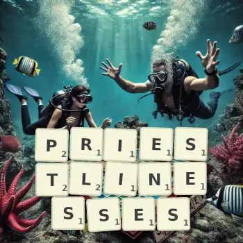 Creative illustration for a Scrabble game with the word PRIESTLINESSES spelled out in tiles on the board.