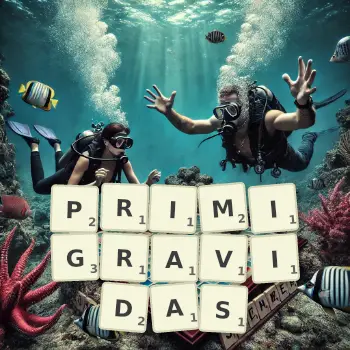 Creative illustration for a Scrabble game with the word PRIMIGRAVIDAS spelled out in tiles on the board.