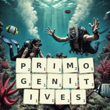Creative illustration for a Scrabble game with the word PRIMOGENITIVES spelled out in tiles on the board.