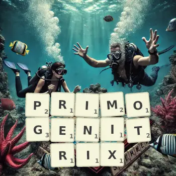 Creative illustration for a Scrabble game with the word PRIMOGENITRIX spelled out in tiles on the board.