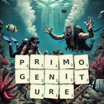Creative illustration for a Scrabble game with the word PRIMOGENITURE spelled out in tiles on the board.