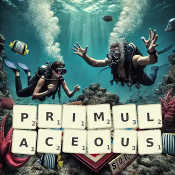 Creative illustration for a Scrabble game with the word PRIMULACEOUS spelled out in tiles on the board.